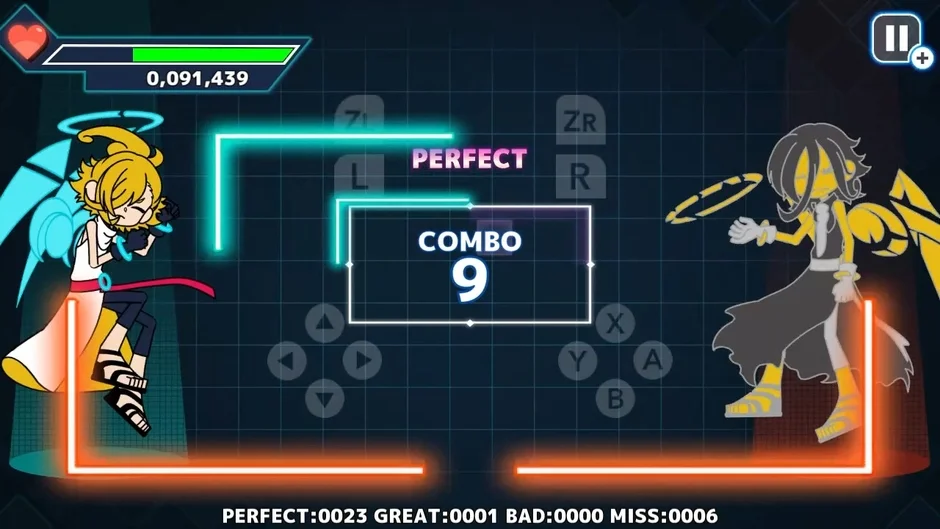 画面が4分割されたリズムゲームのプレイ画面