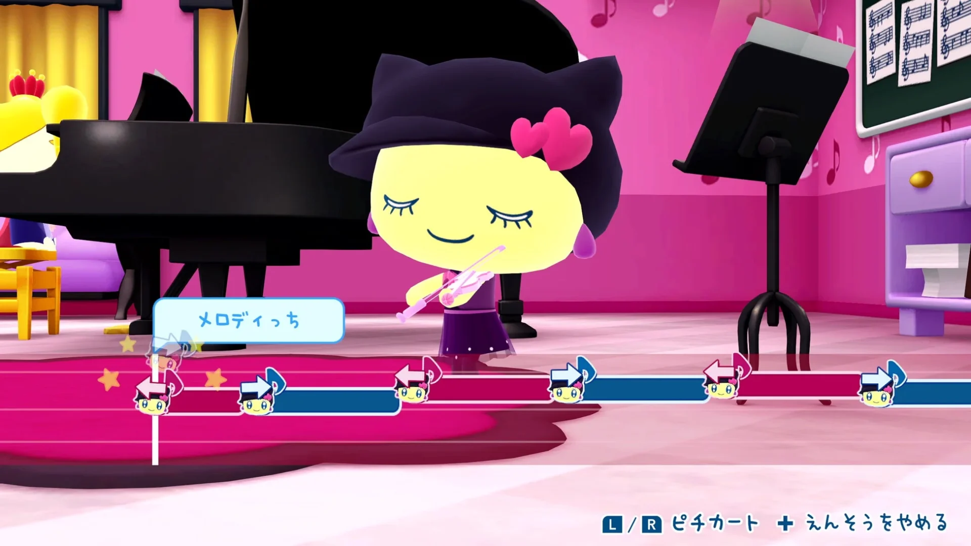 メロディっちがバイオリンを演奏する「バイオリンレッスン」ゲーム画面