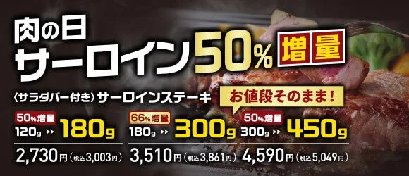 肉の日サーロインステーキ50%増量のキャンペーンバナー
