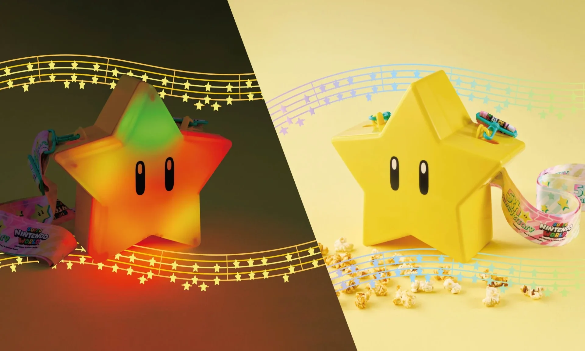 点灯時と非点灯時のスーパースター・ポップコーンバケツの比較