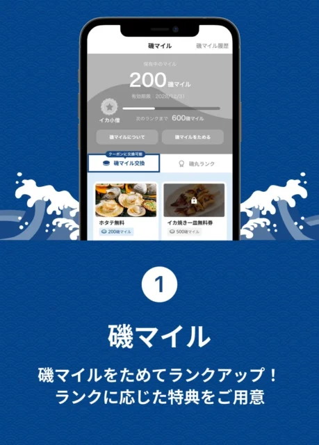 磯マイルのアプリ画面。獲得マイルやランクアップ特典、マイル交換商品が表示されている。