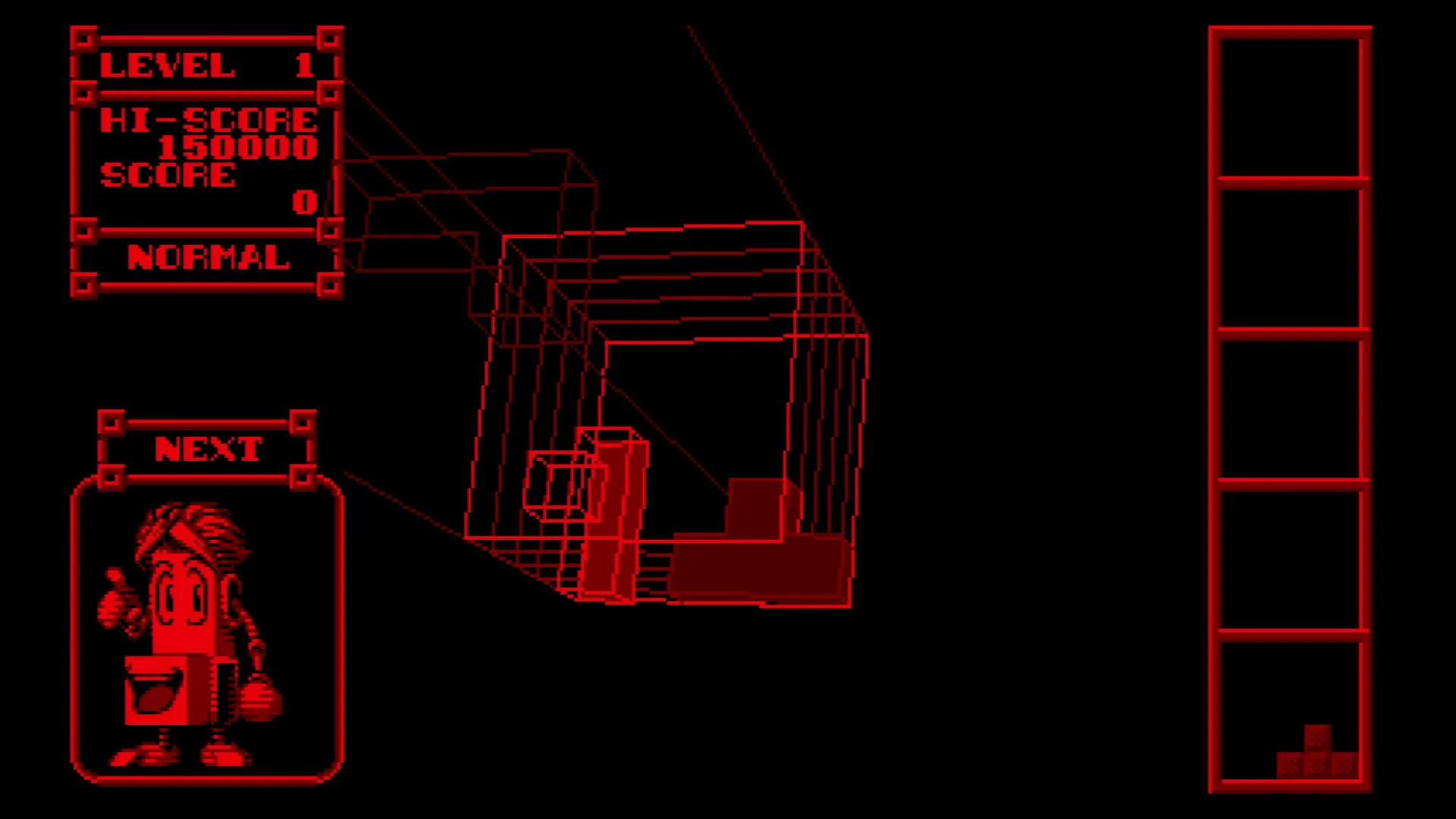 バーチャルボーイ『3D Tetris』のゲームプレイ画面（テトリミノ落下中）