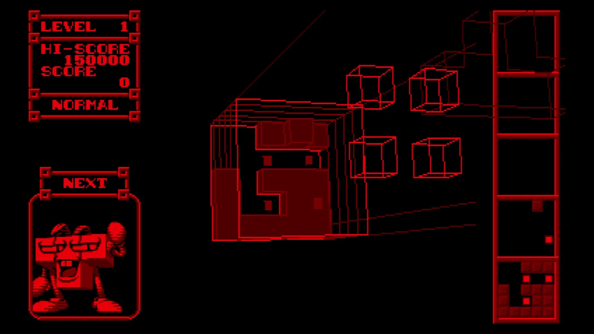 バーチャルボーイ『3D Tetris』のゲームプレイ画面（テトリミノ配置後）