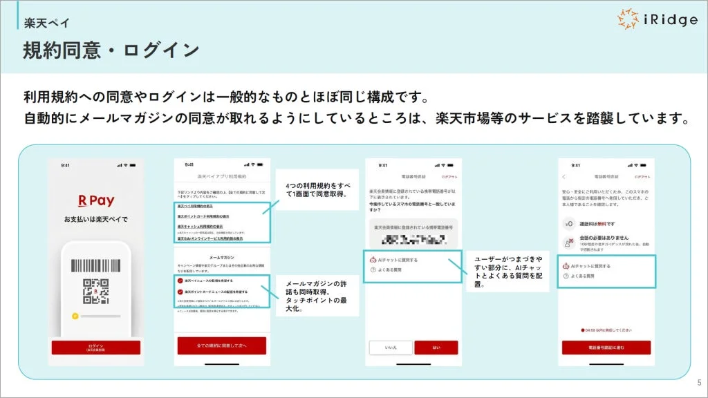 楽天ペイアプリの規約同意・ログイン画面UI分析