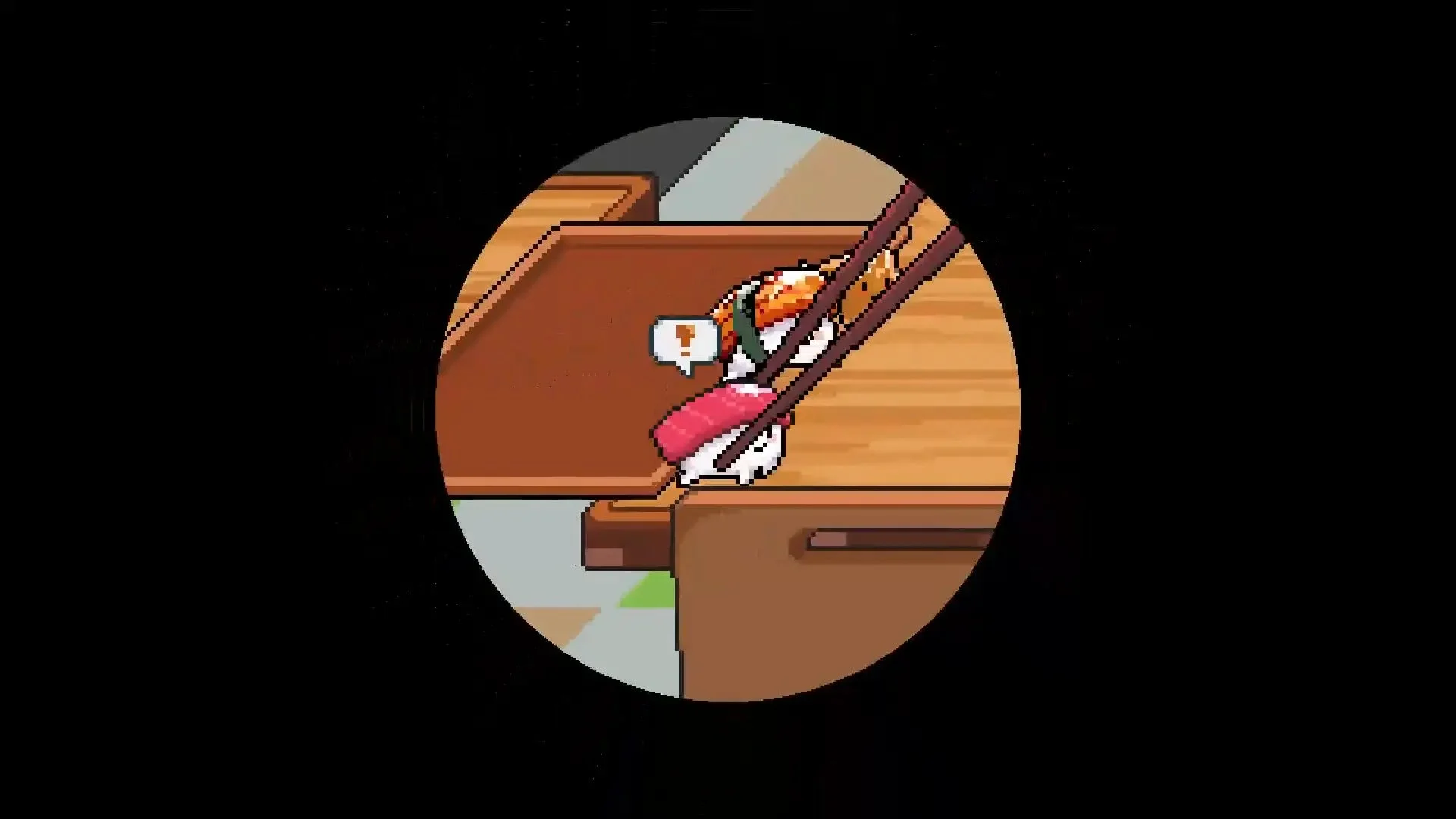 『わびさび寿司ダービー』で寿司が箸に食べられる瞬間のゲーム画面