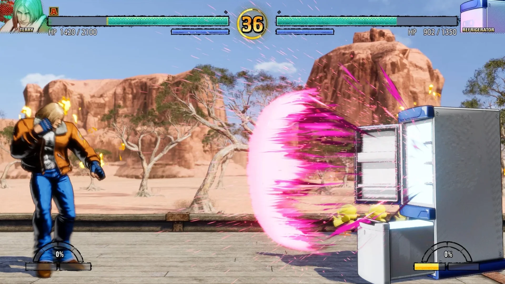 ストリートファイターコラボEOST MODEで特殊エネミー「冷蔵庫」と戦うテリー