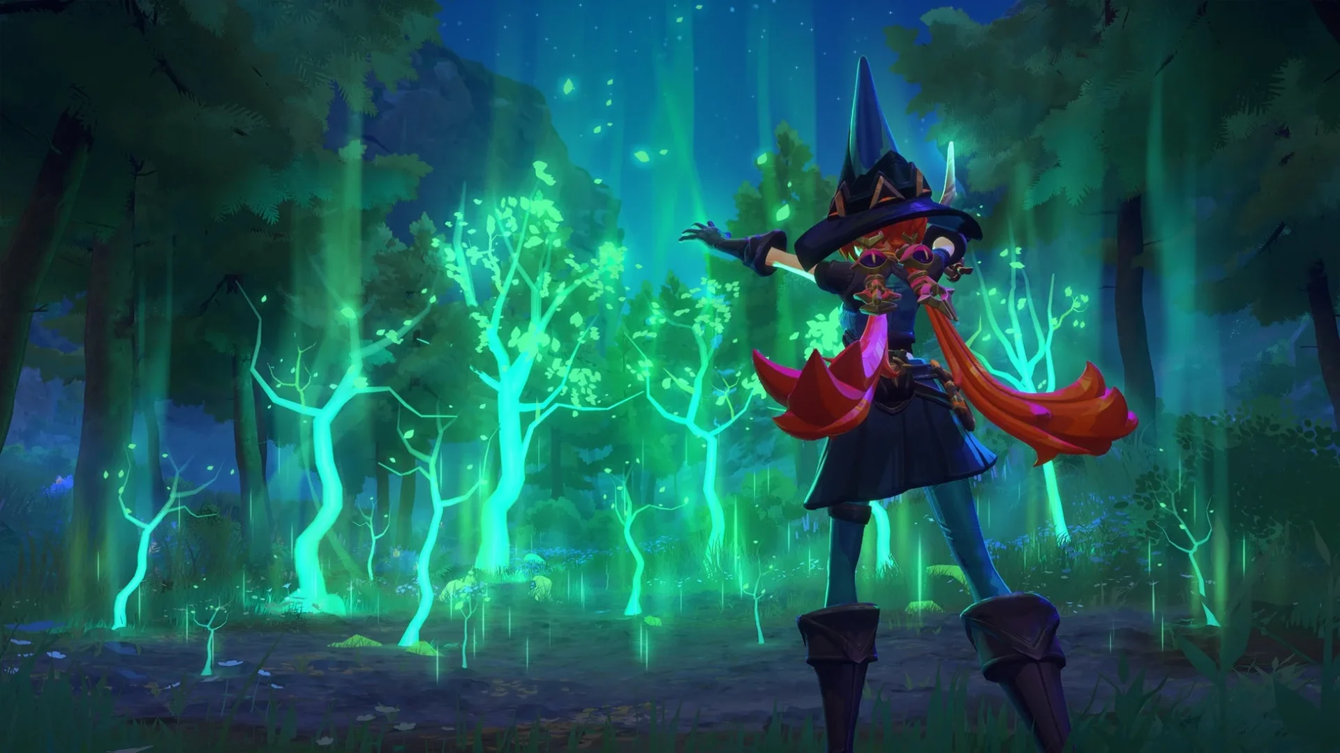 『Witchspire』で魔女が魔法を使い、光る木々を出現させる