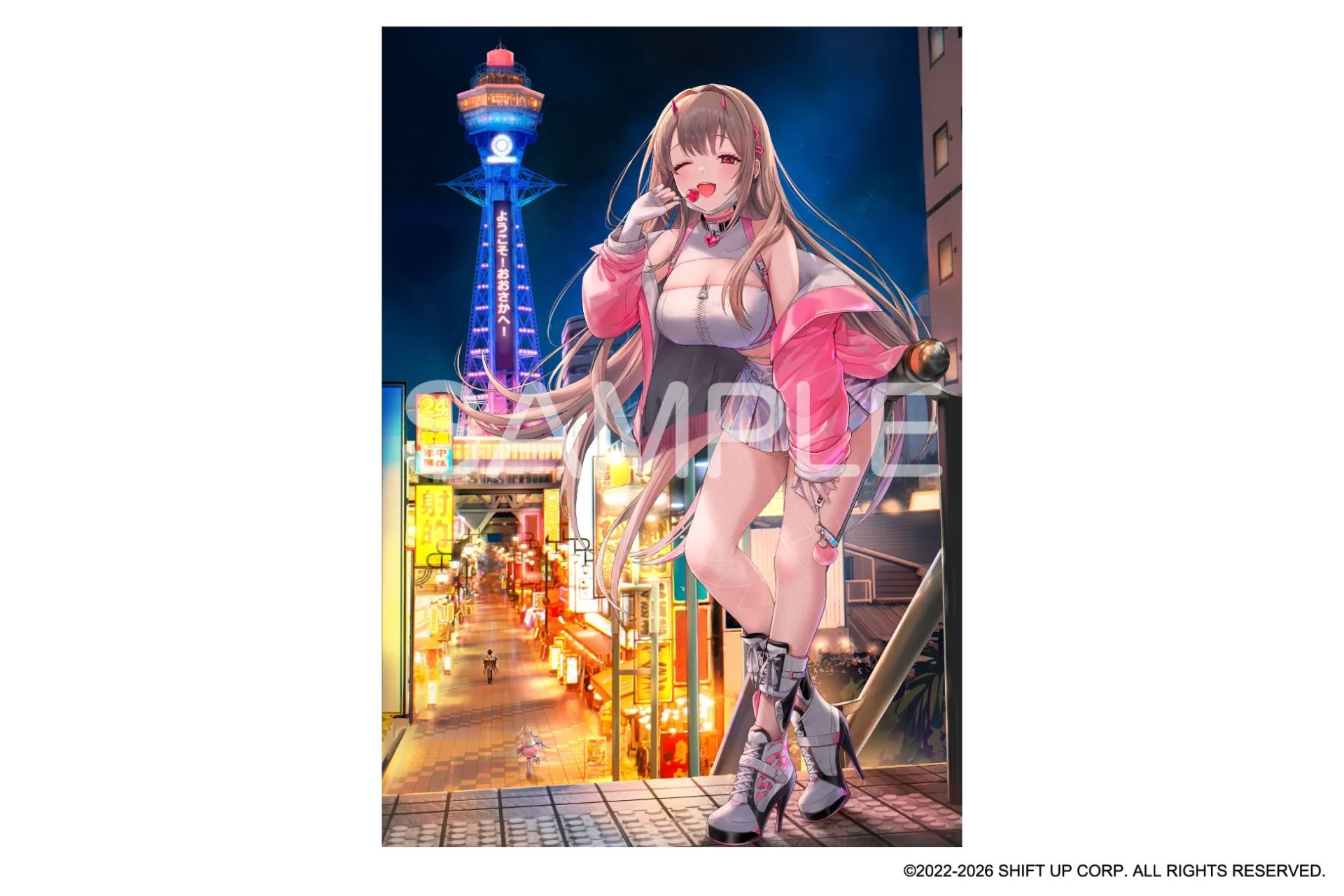 ライトアップされた通天閣を背景に立つバイパーの描き起こしイラスト