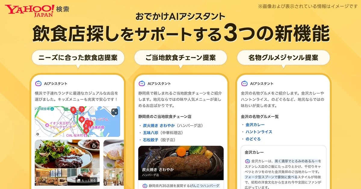 Yahoo!検索「おでかけAIアシスタント」の飲食店探しをサポートする3つの新機能の概要画面