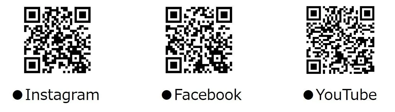 八郎そばの公式Instagram、Facebook、YouTubeアカウントへのQRコード。
