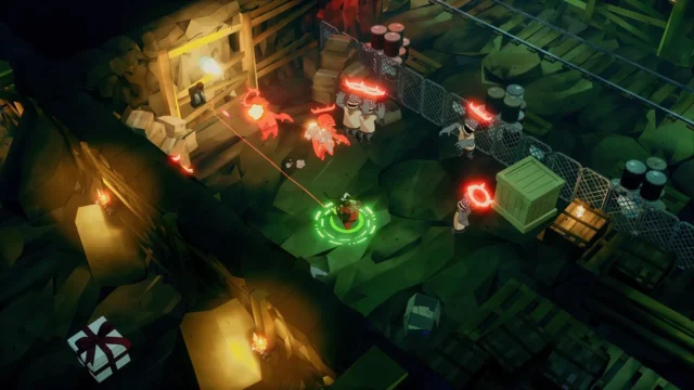 『DAMON and BABY』の戦闘パートにおける見下ろし型ガンアクションのゲームプレイ画面