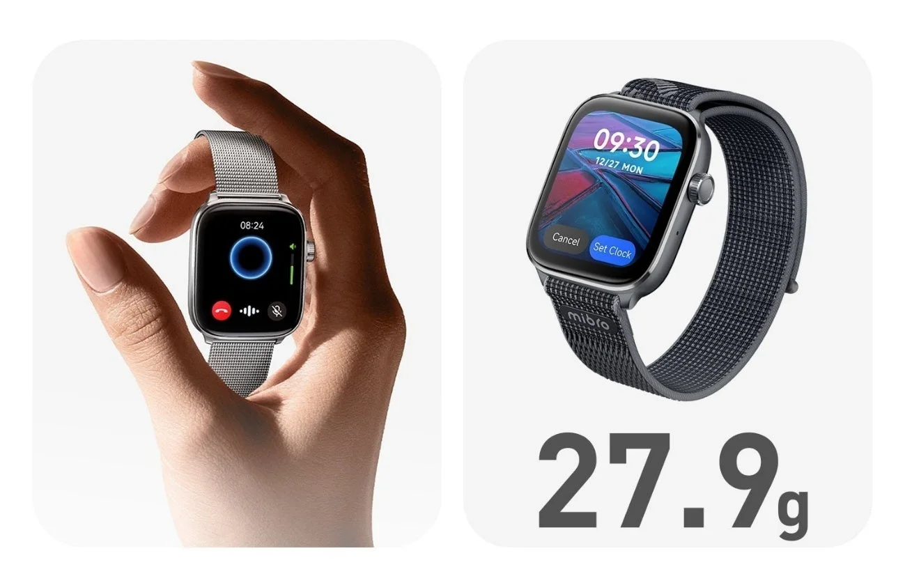 手に持ったMibro Watch Fitと「27.9g」の軽量性を示す画像