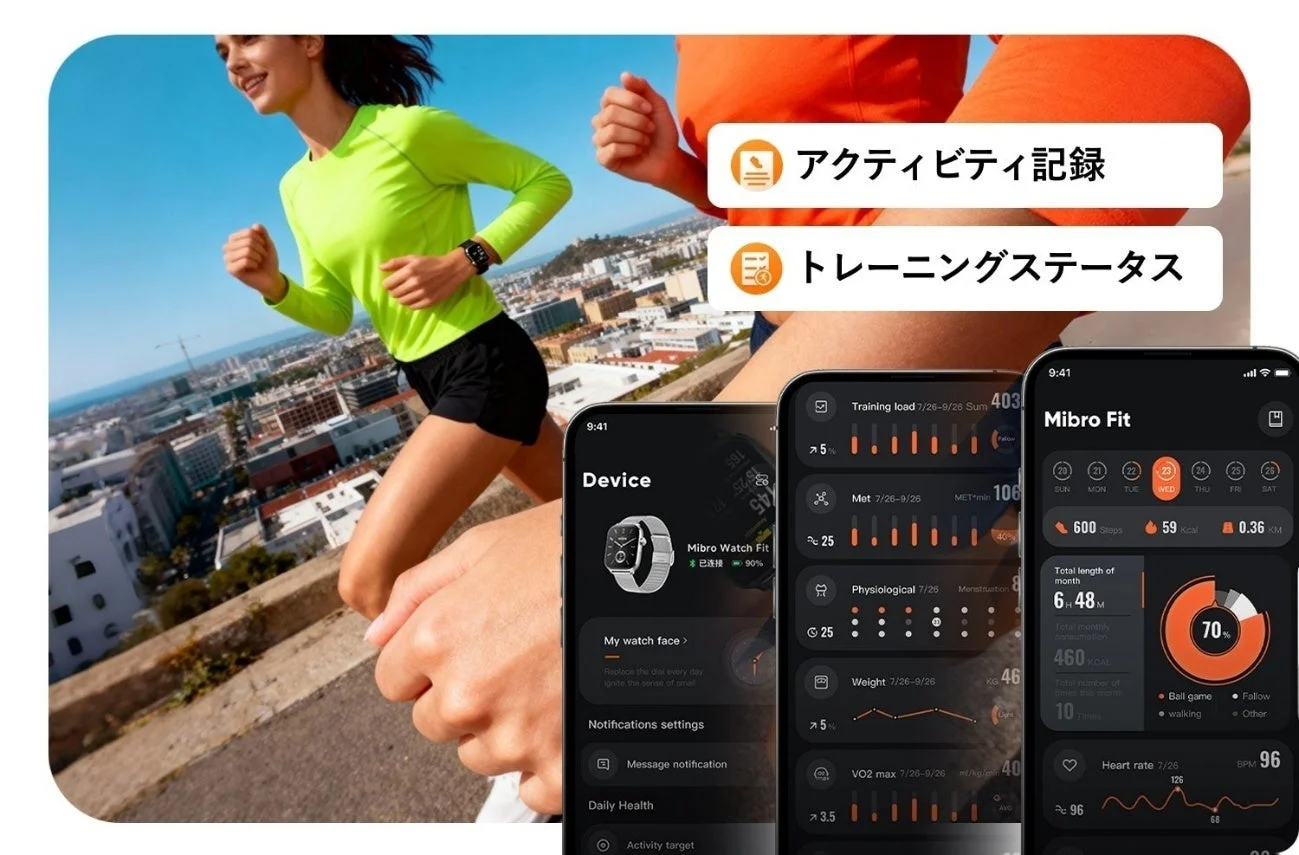 Mibro Watch Fitによるランニング中のアクティビティ記録とトレーニングステータス画面