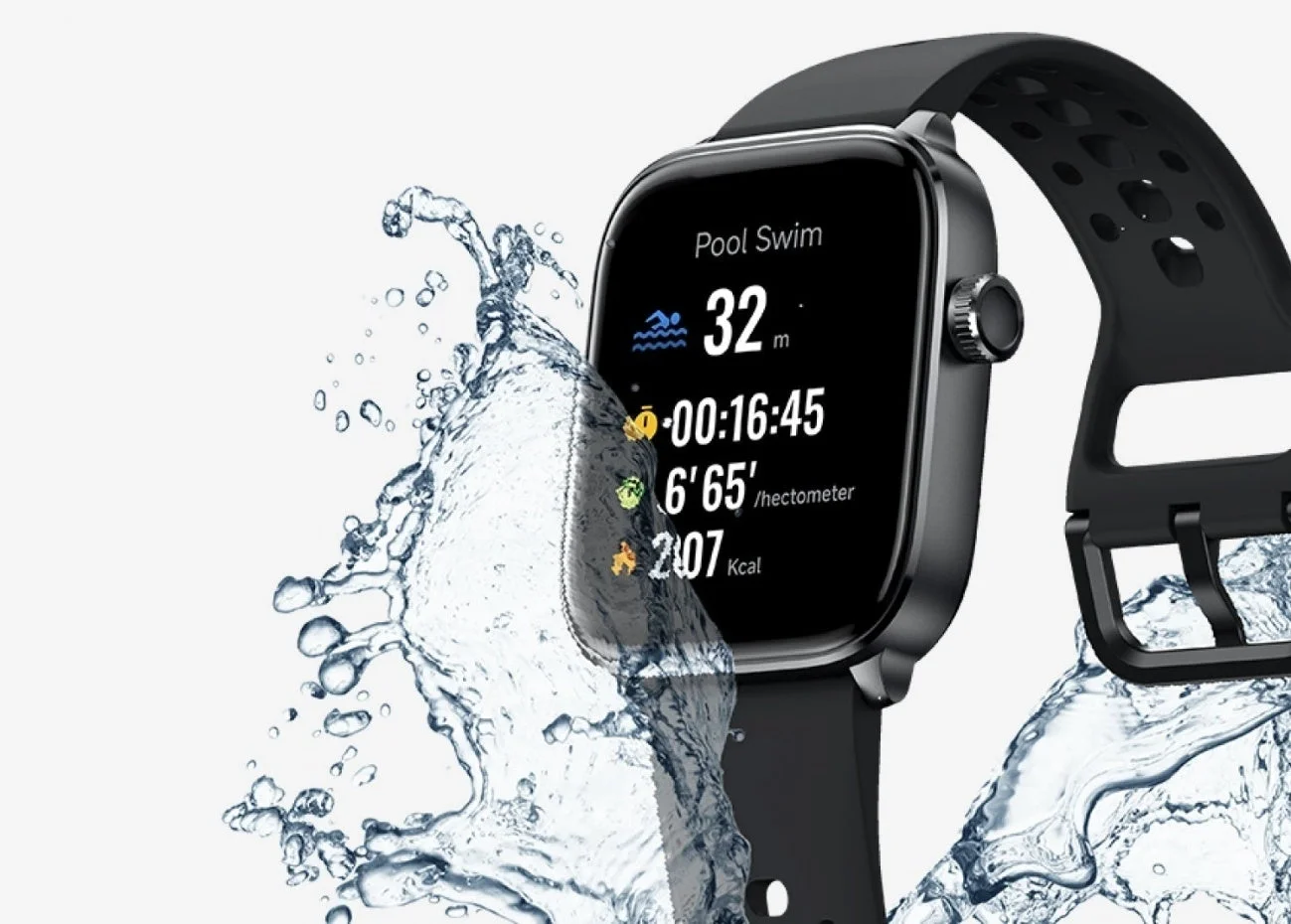 水しぶきを浴びるMibro Watch Fit、5ATM防水グレードの耐久性を示す