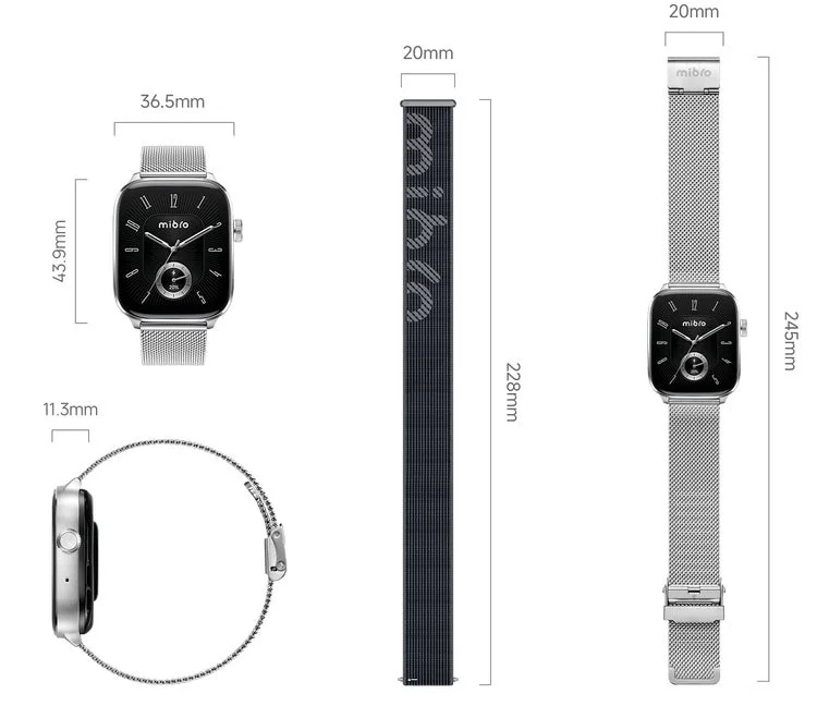 Mibro Watch Fitの本体サイズとバンドの寸法図