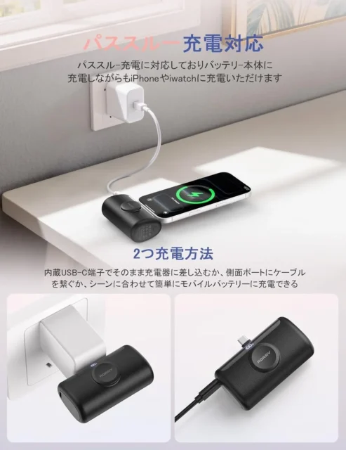 PalmGOモバイルバッテリーのパススルー充電と本体への2つの充電方法を示す図