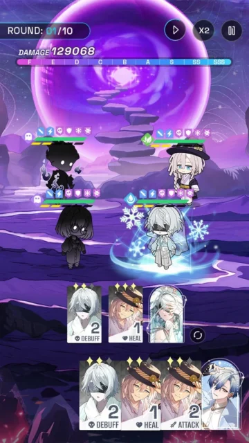 『アヤカシ代行』のカードバトル画面。戦略的な編成とシンプルな操作性を表現。