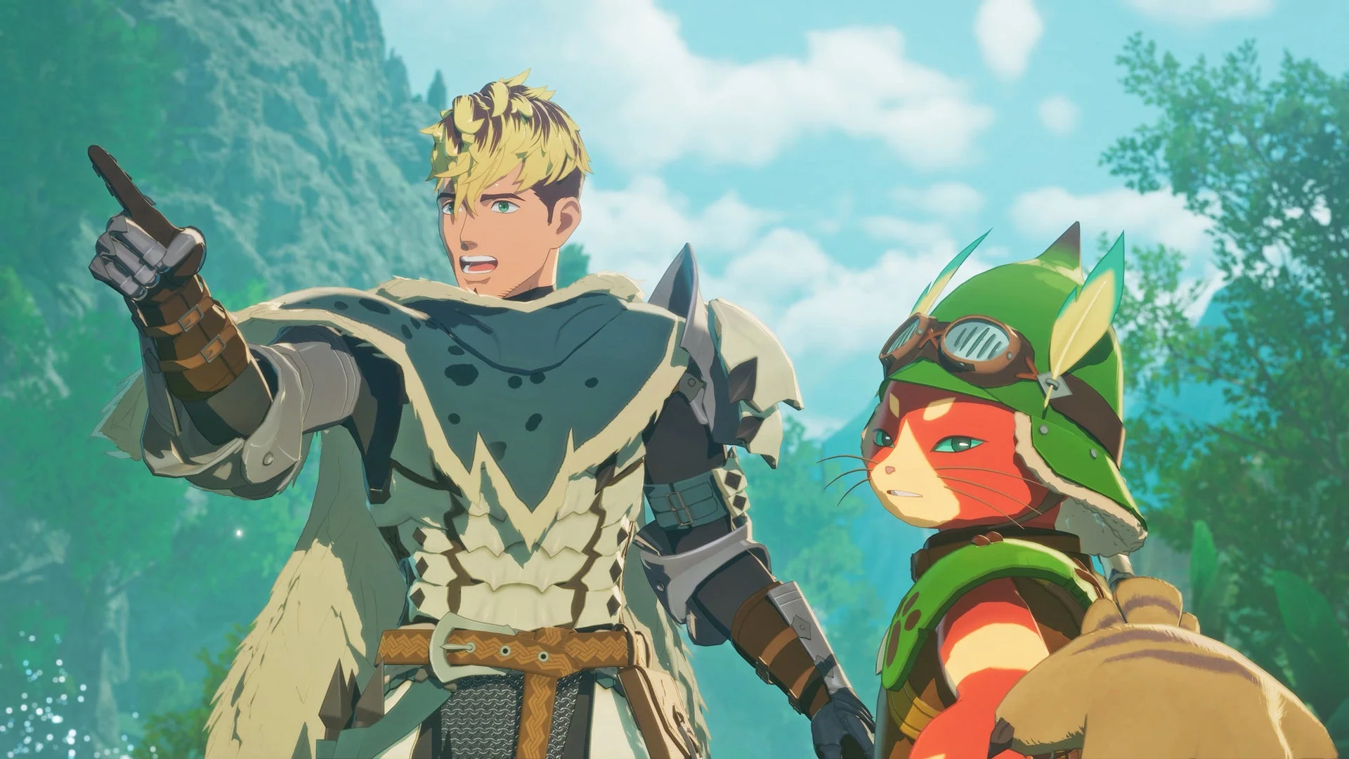 コルヴォとオトモアイルーのピケが指をさすゲーム画面