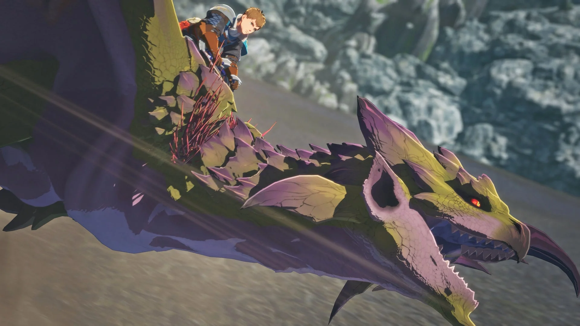 ライダーがオトモンの紫毒姫リオレイアに乗って飛ぶゲーム画面