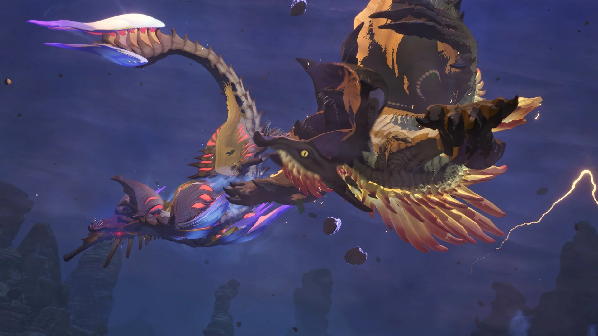 溟龍ネロミェールと別のモンスターが空を飛ぶゲーム画面