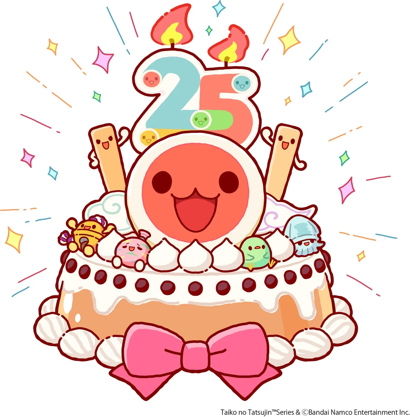 太鼓の達人25周年記念ケーキとキャラクターのビジュアル