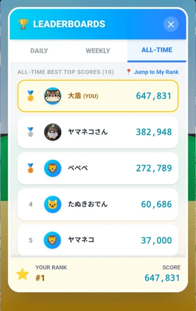 『ラッキーどうぶつマッチ』の友だちと競うランキング画面