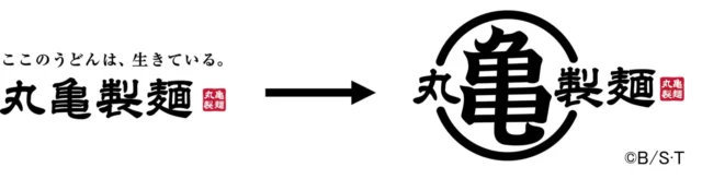 丸亀製麺の通常ロゴからドラゴンボールZコラボ限定ロゴへの変更を示す画像
