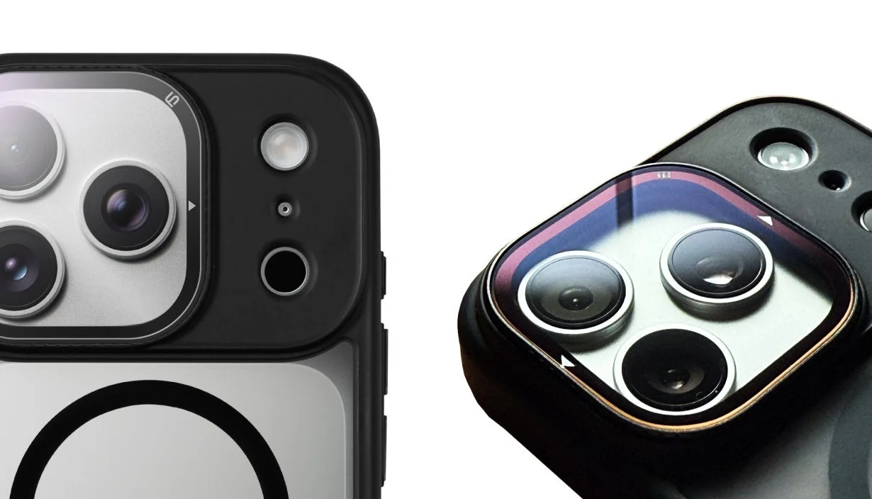 SnapClick IIを装着したiPhoneのカメラ部分とフィルターのクローズアップ。