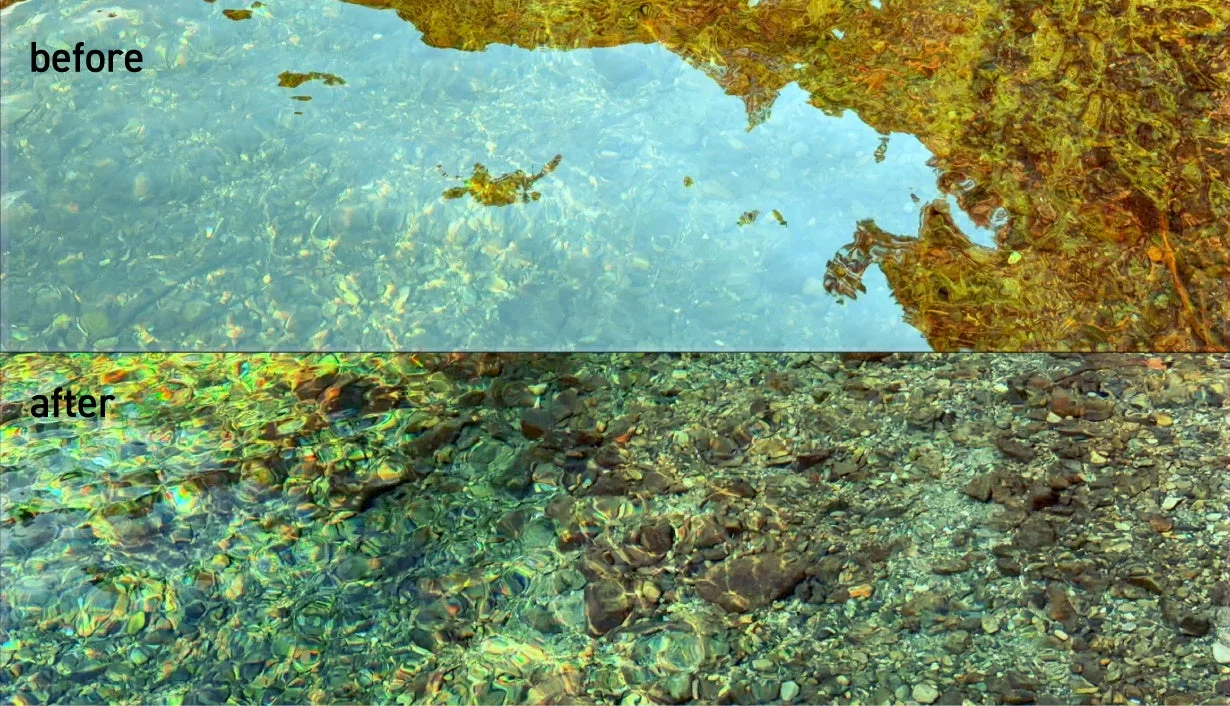 CPLフィルター使用前（before）と使用後（after）の水面反射除去効果の比較画像。