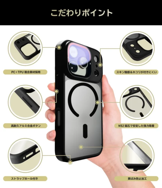 SnapClick IIケースのこだわりポイントを詳細に説明する画像。PC+TPU複合素材、高耐久アルミ合金ボタン、ストラップホール付きなどが示されている。