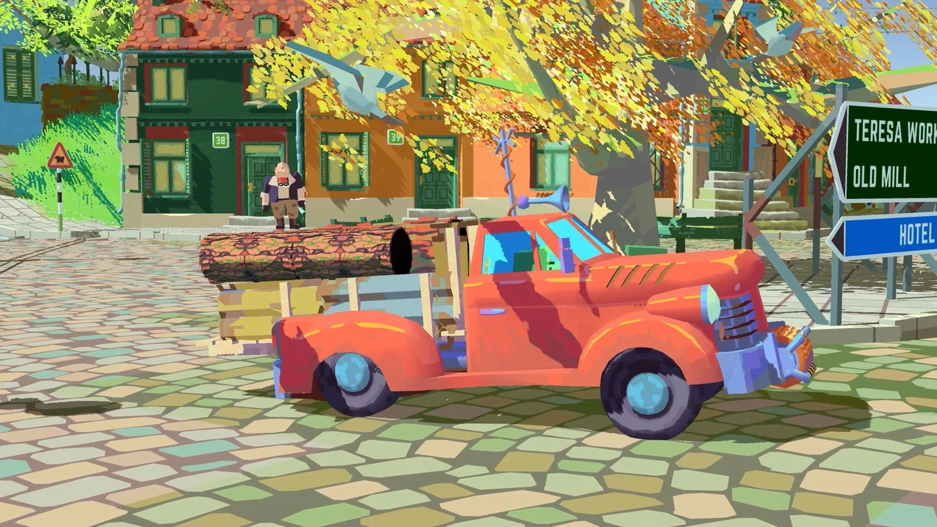 トラックフル:街中で木材を積んで走行するトラックのゲームプレイ画面