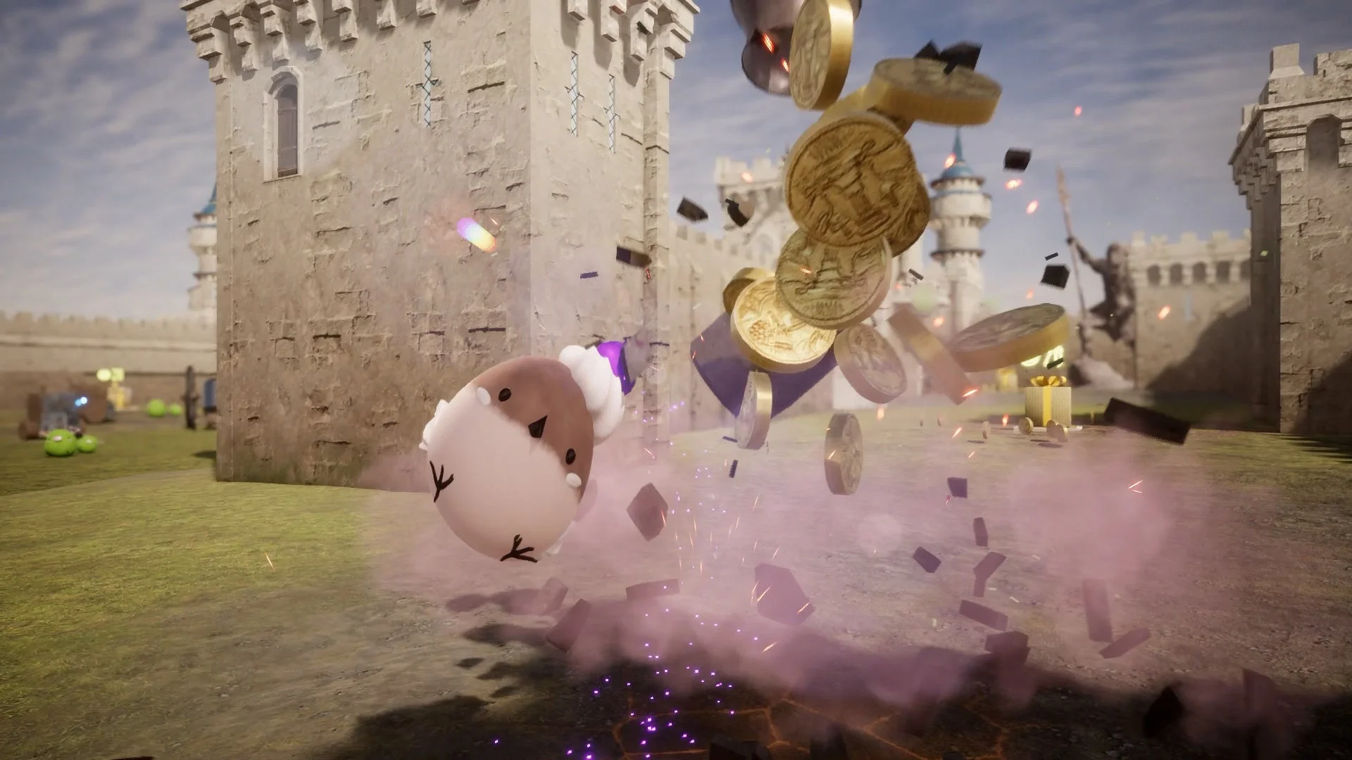 スイーツキャラクターがコインを巻き上げながら戦うゲーム画面