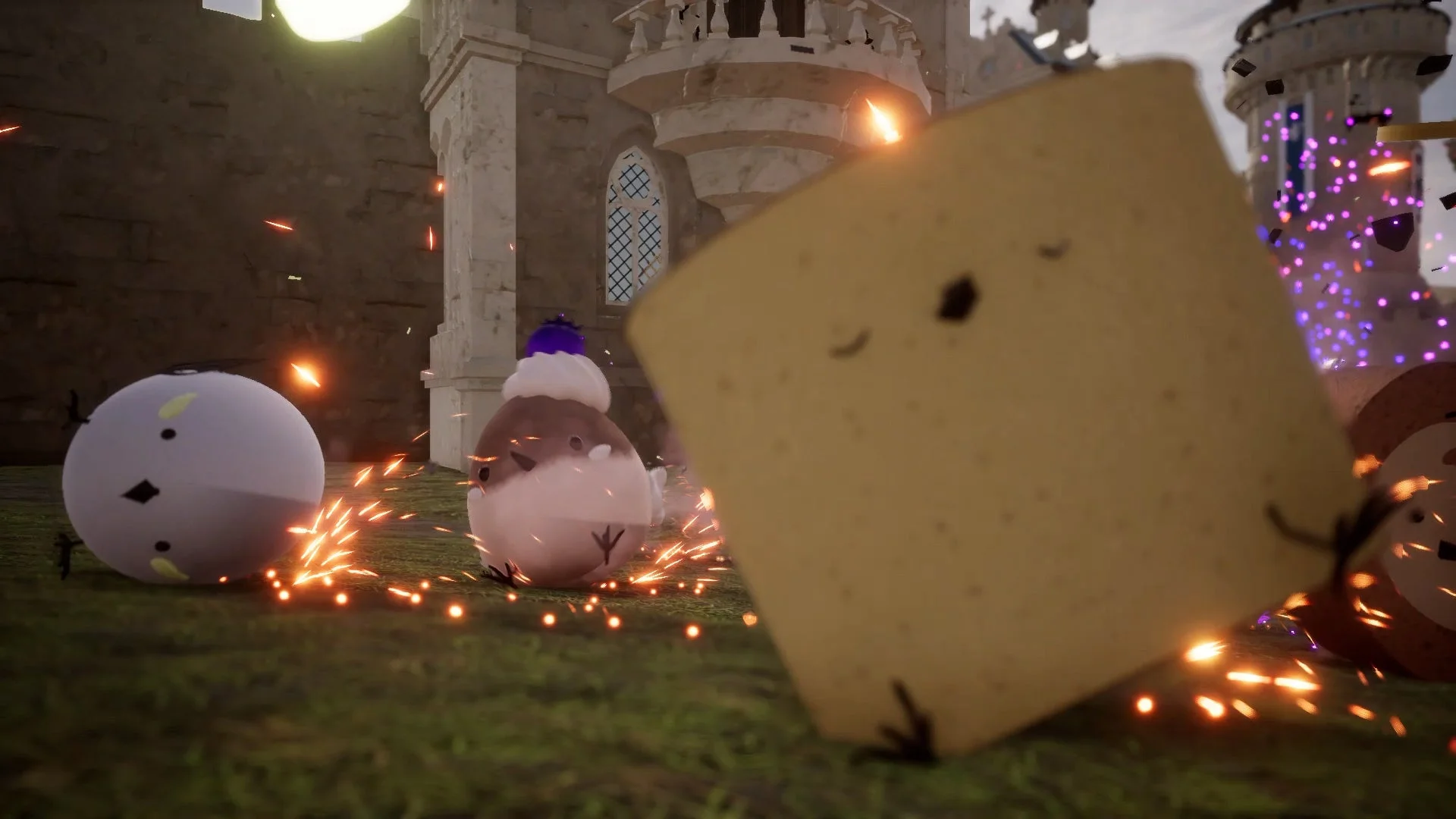 マシンガンを撃つカヌレとレーザーを放つバームクーヘンが戦う混戦画面