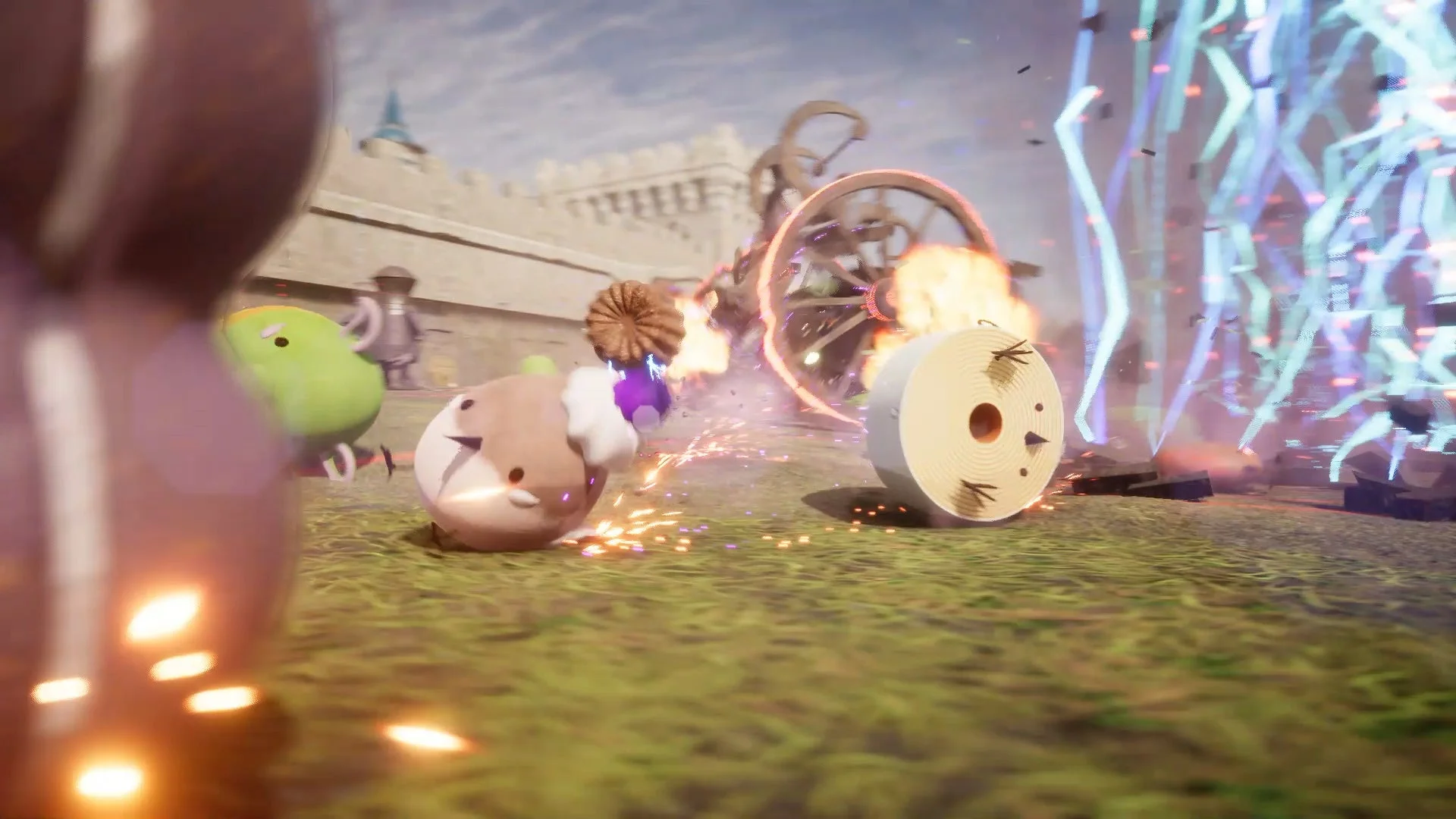 大型ボスとスイーツキャラクターたちが激しく戦うボスラッシュバトル画面