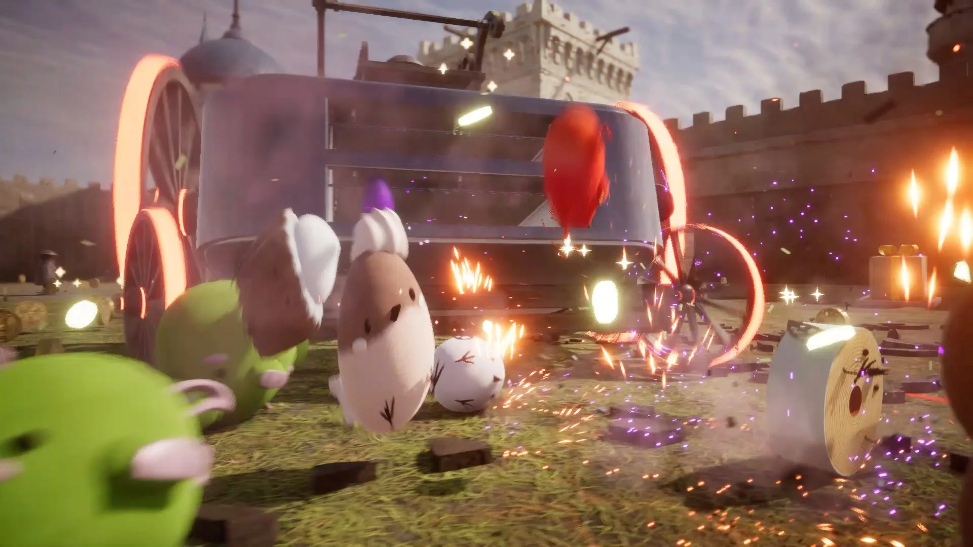 スイーツキャラクターたちが入り乱れて敵を攻撃する乱闘シーン