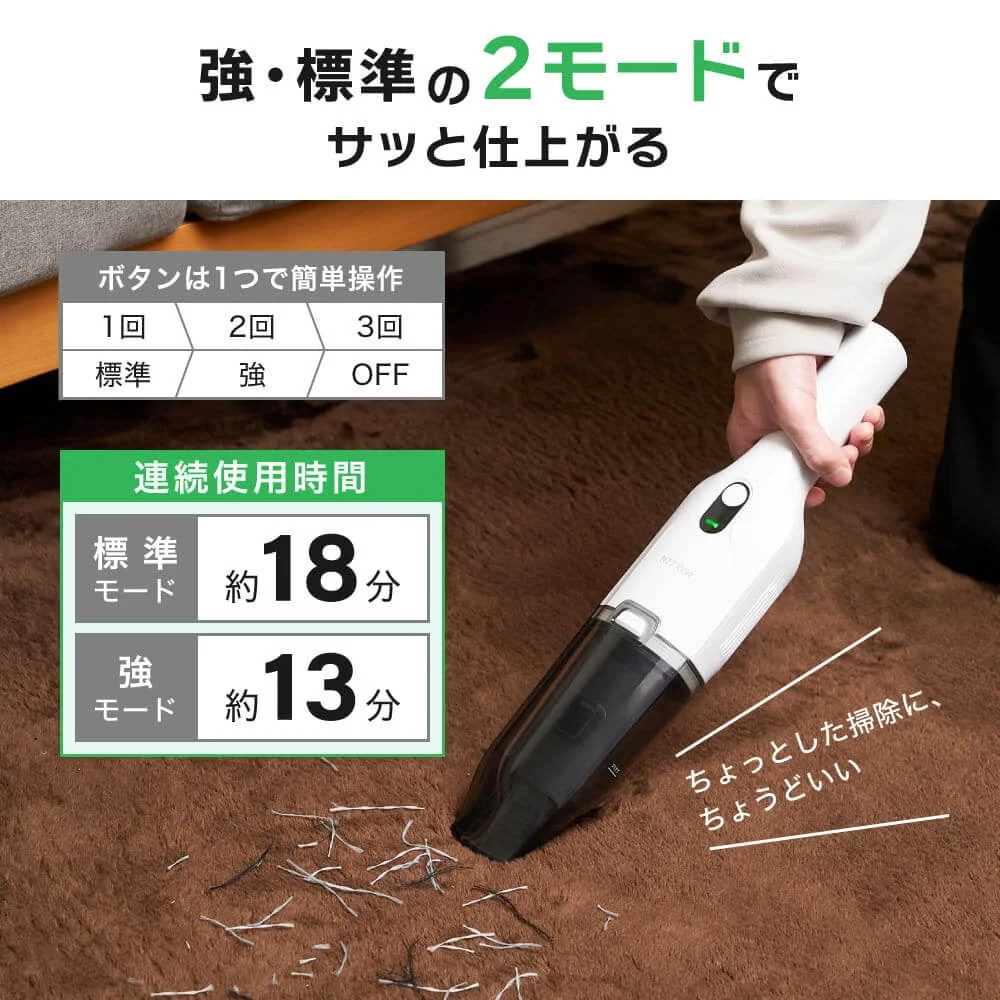 MAXZENハンディクリーナーの強・標準2モードと連続使用時間（標準18分、強13分）の説明。