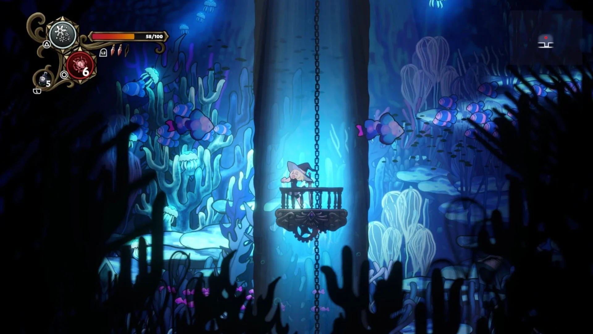 『Never Grave』の水中ダンジョンを探索するゲームプレイ画面