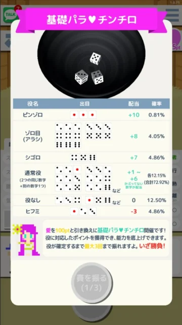 スゴロクダービーの基礎パラメーターチンチロ画面