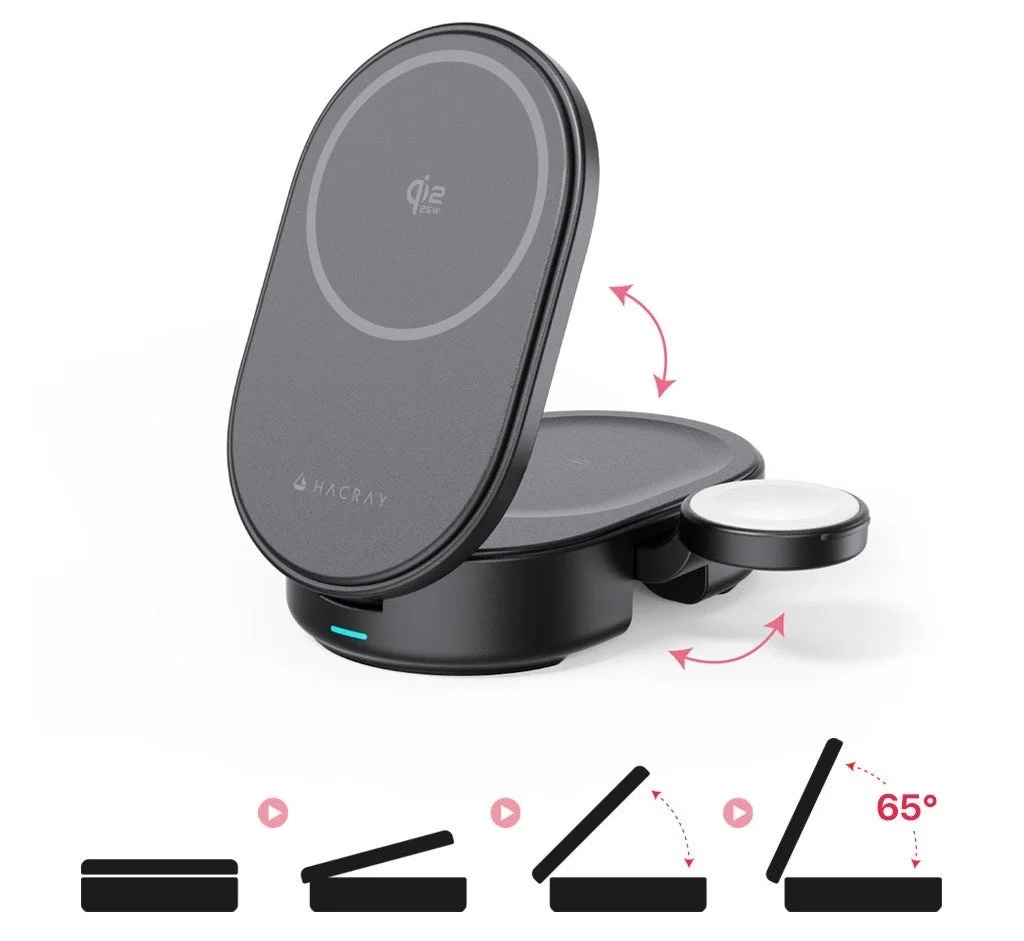 HACRAY 3in1充電スタンドの0度から65度までの角度調整機能