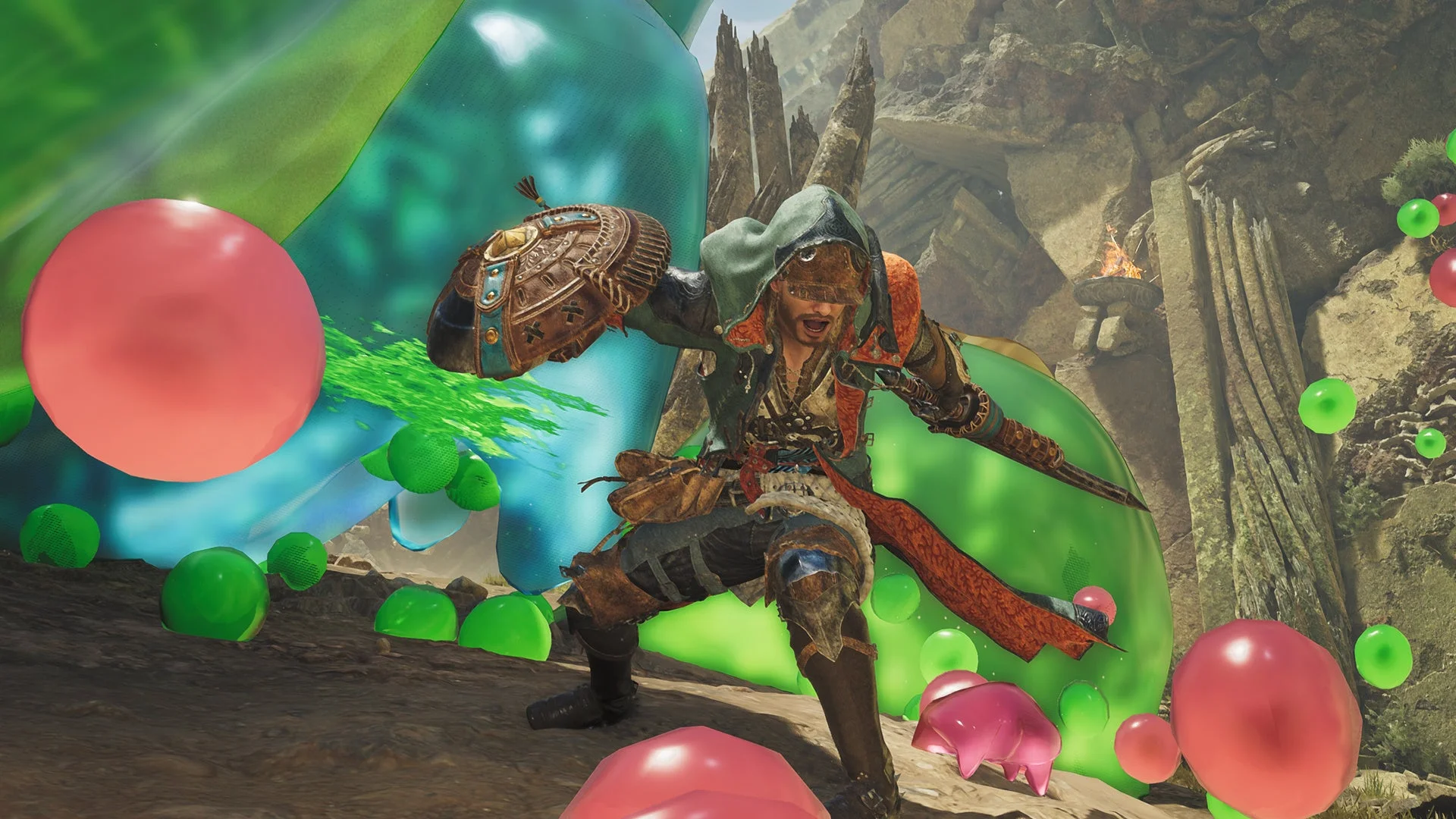 イベントクエスト「七色のかばね」でハンターがカラフルなモンスターと戦う様子。