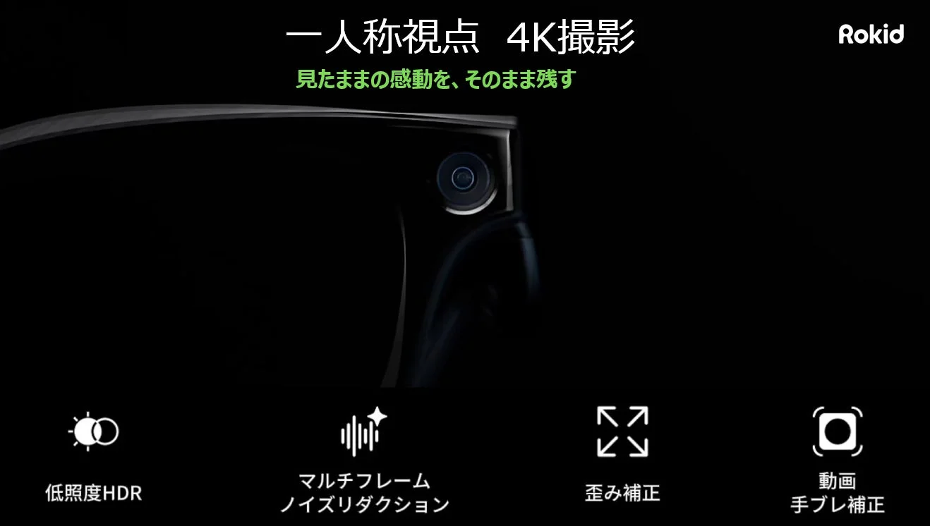 RokidスマートAIグラスに搭載された1,200万画素FPVカメラと、低照度HDR、手ブレ補正などの機能アイコン