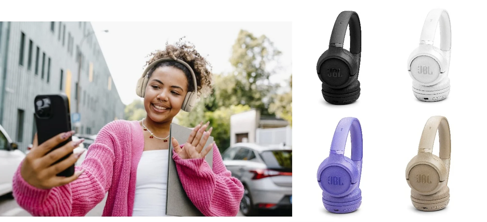 JBL Tune 530BTを装着してスマートフォンを使用する女性と4色のヘッドホン