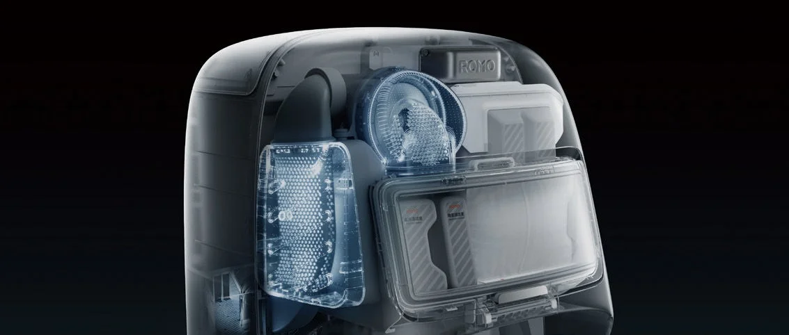 DJI ROMOベースステーションの防音設計を示す内部構造