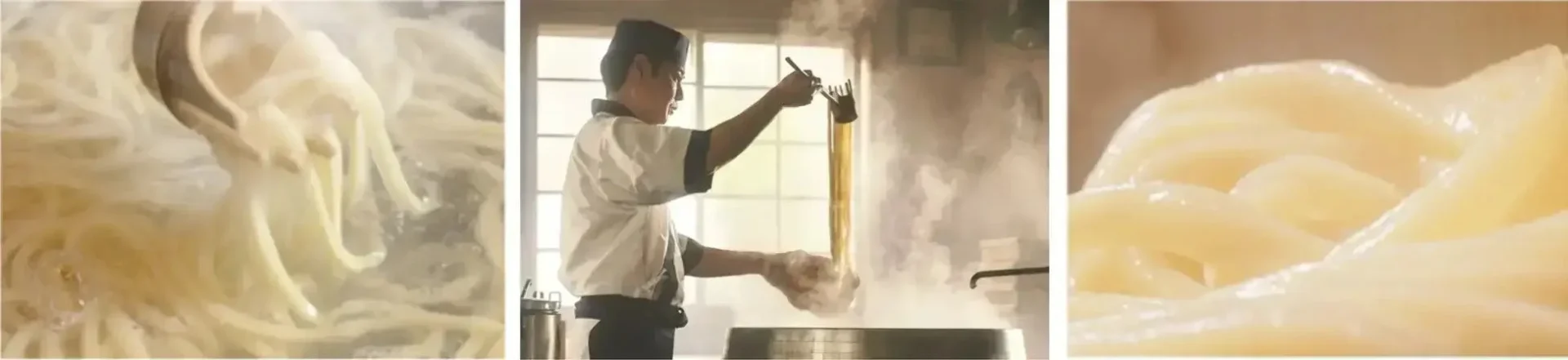 丸亀製麺の職人がうどんを打ち、茹でている様子