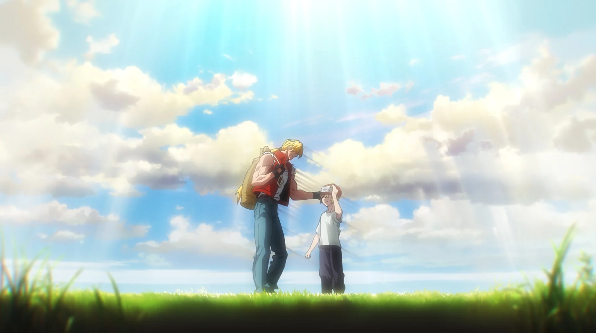 大張正己氏制作アニメーショントレーラーより、テリーが幼いロックの頭を撫でる感動的なシーン