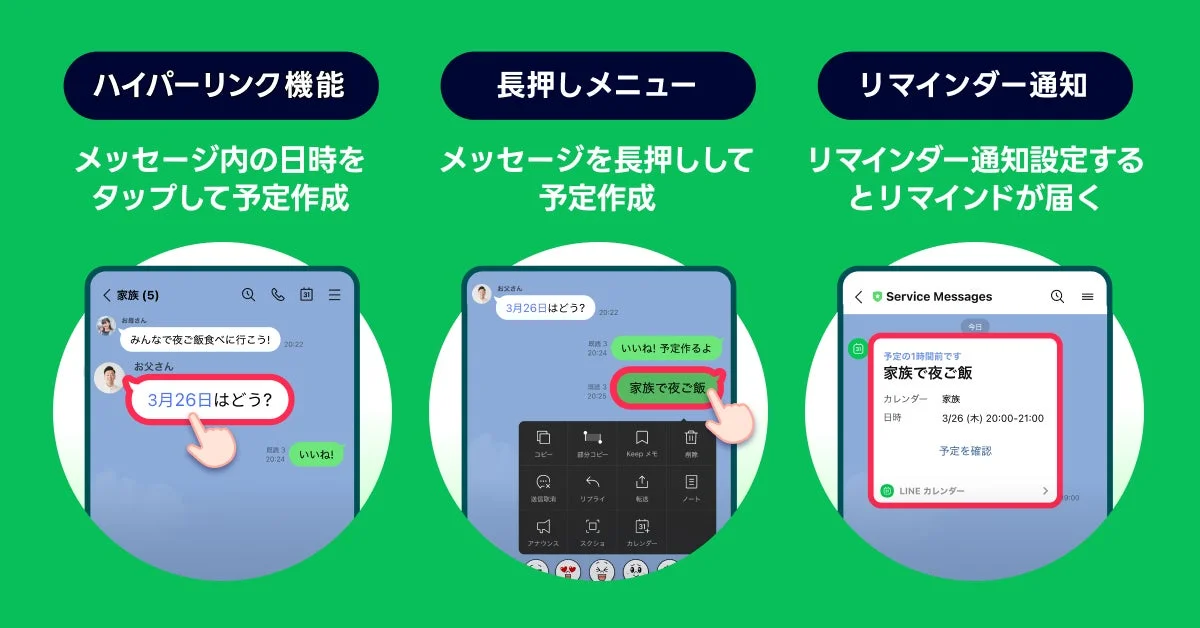LINEカレンダーのハイパーリンク、長押しメニュー、リマインダー通知機能の画面。
