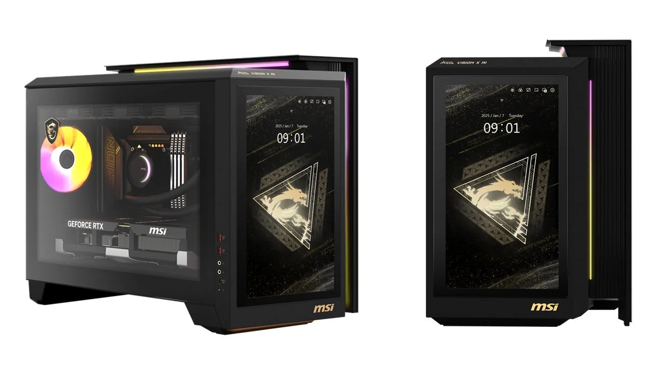 MSI MEG Vision X AI ゲーミングPCの前面タッチパネルと側面