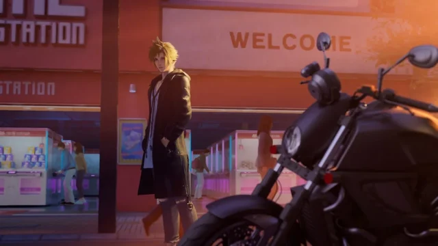 オープニングムービーより、現代の街に立つクラウド