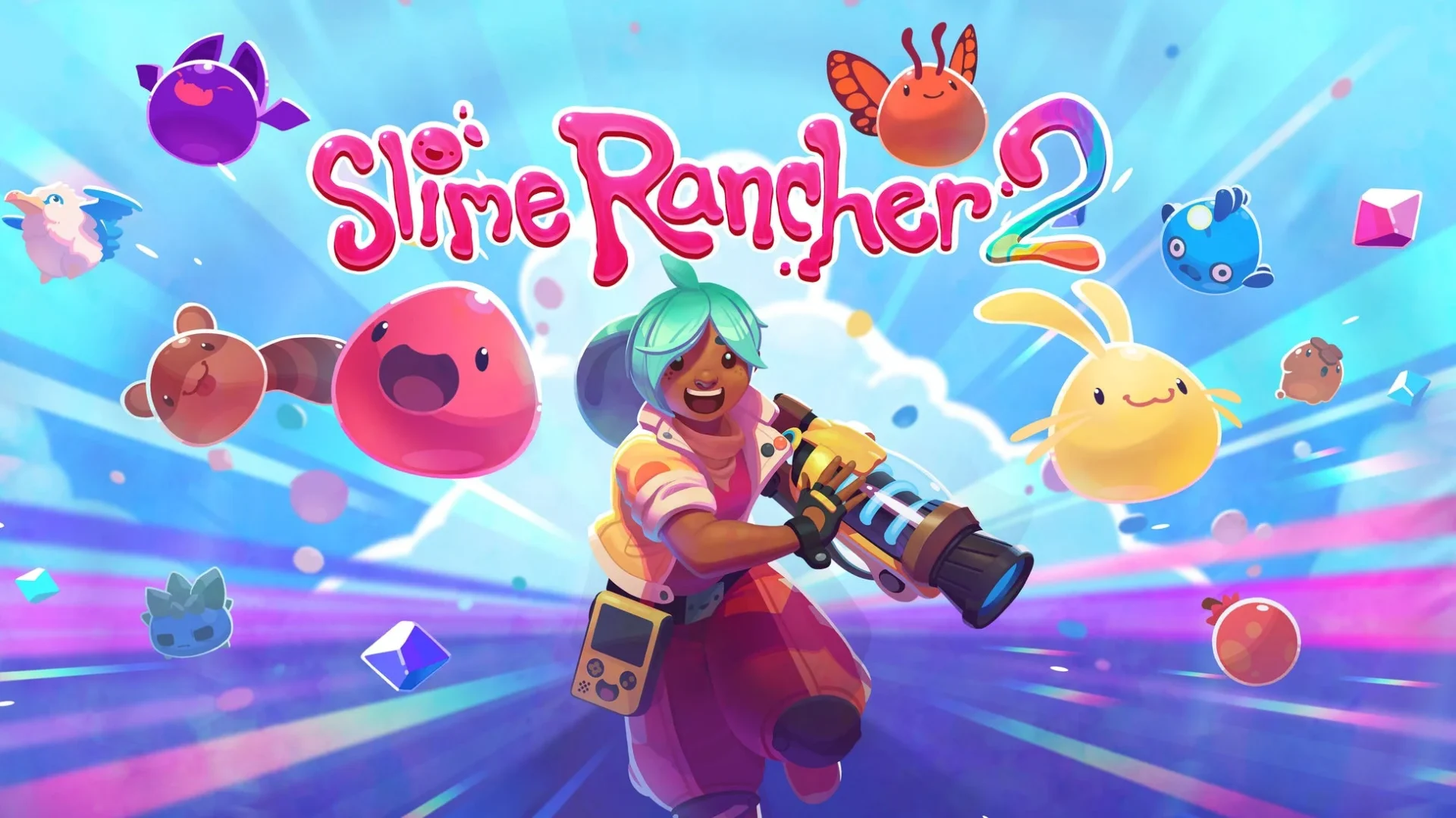 Slime Rancher 2のロゴと主人公ベアトリクス・ルボー、様々なスライムたち