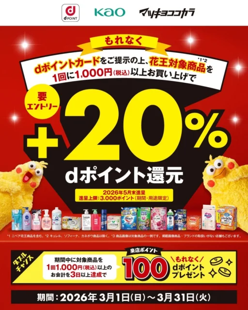 マツキヨ・ココカラファイン花王商品20%dポイント還元キャンペーンの告知ビジュアル